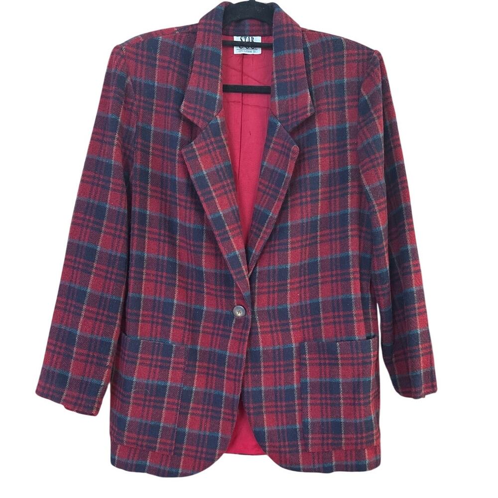 VTG Star C.C.C. red‎ blue plaid wool one button womens blazer SIZE M